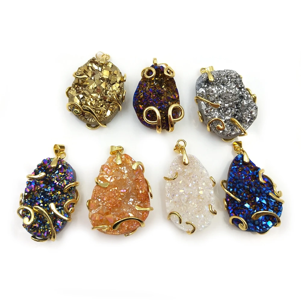 

Wholesale Claw Setting Gemstone nugget Crystal Pendants Charms Natural Geode Quartz Stone Druzy Stone Necklace Jewelry, As picture shows