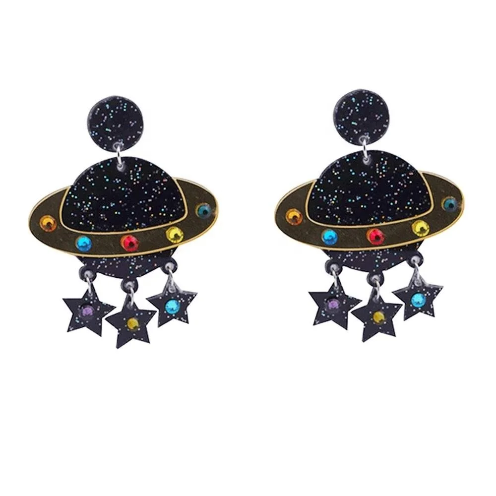 

New Fashion Creative Resin Spaceship UFO Acrylic Earrings For Women Personality Alien Glitter Drop Dangle Earrings Party Jewelry