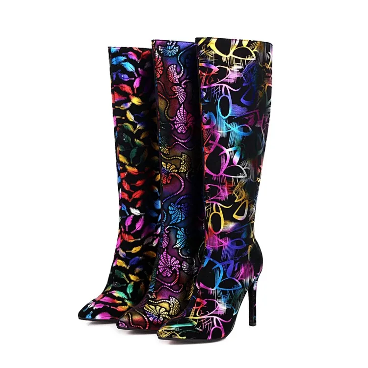 Women High Heels Graffiti Boots Sexy Pointed Toe Side Zipper Knee High ...