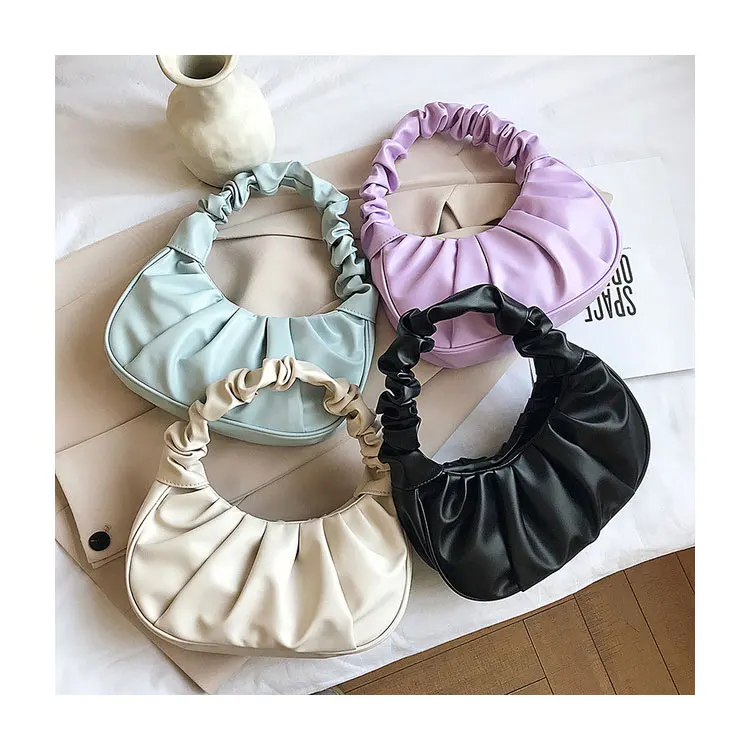 

Retro Women Pleated Cloud Bag Designer PU Leather Wrinkled Handle Armpit Bag Solid Tote Ruched Wild Female Purse Handbags