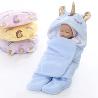 

2019 New factory wholesale unicorn hooded flannel cashmere plush newborn swaddle wrap blanket infant baby boy girl sleeping bag
