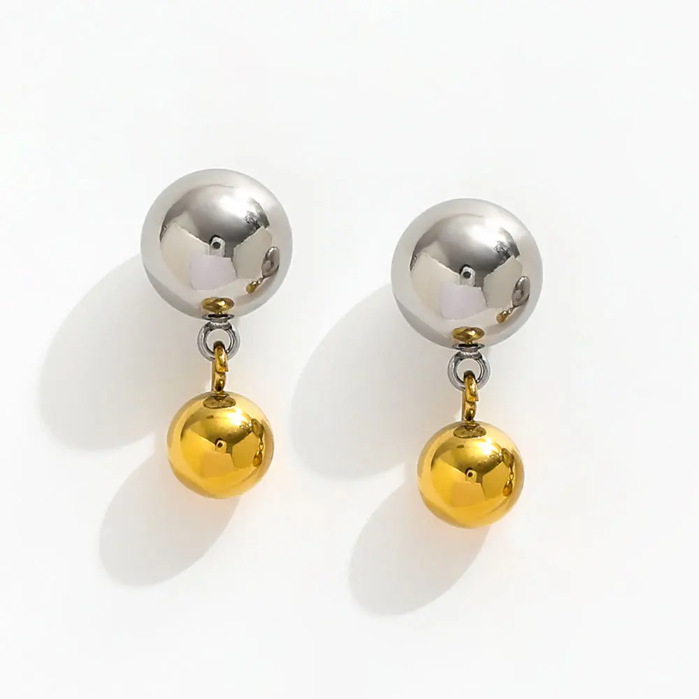 New Trendy 18K Gold Plated Shiny Two Tone Round Ball Dangle Stud Earring Women's Geometric Stainless Steel Jewelry Wholesale