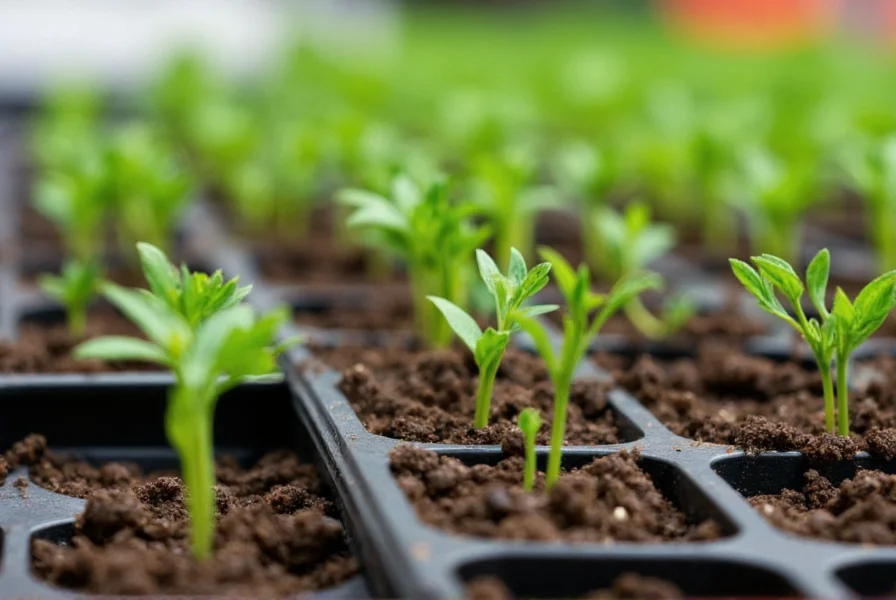 Close-up view of pepper seedlings emerging from soil in seed starting trays with proper spacing