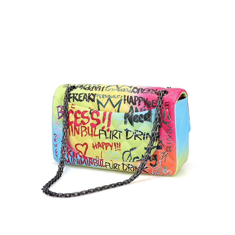
2020 fashion PU leather ladies crossbody bag new rainbow color shoulder bag graffiti purse Designer women bags handbag 
