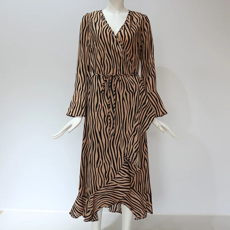 

2020 New Arrival spring summer long sleeve v-neck stripe print chiffon vintage A-Line women ladies casual dresses