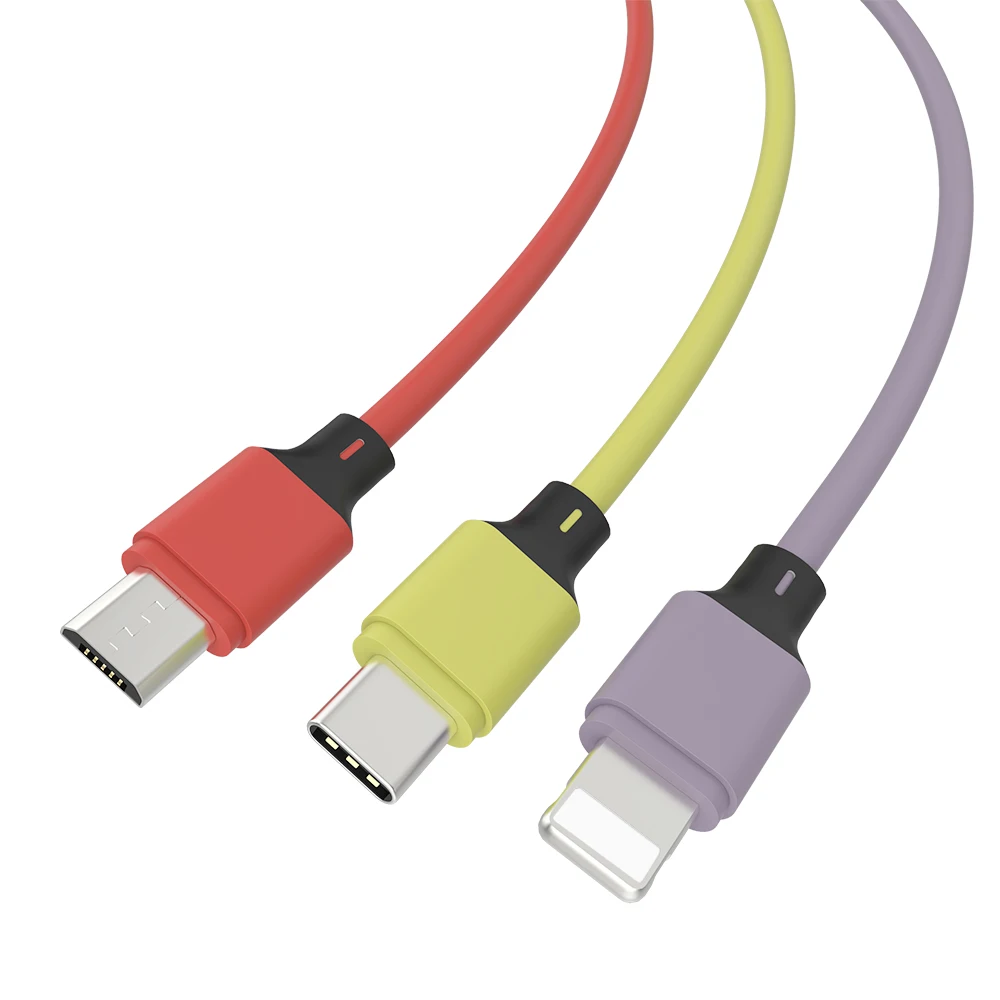 

Liquid Silicone Fast Charger USB Cable 2.4A/3A 3 in 1 USB Charging Cable for Android/Type-C Mobile Cable, Yellow/pink/red/purple