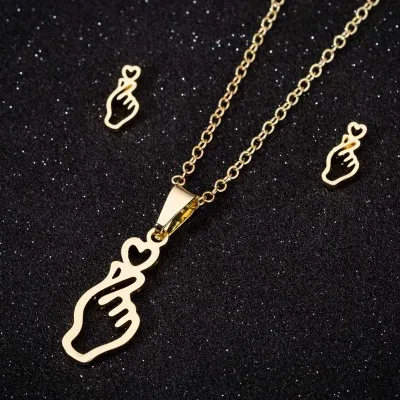 

Korean Pop Fashion Heart Gesture Earrings Hip Hop Bangtnnss Boys Pendant Necklace Finger Fist Jewelry Set Kids Show Loved, Silver ,gold