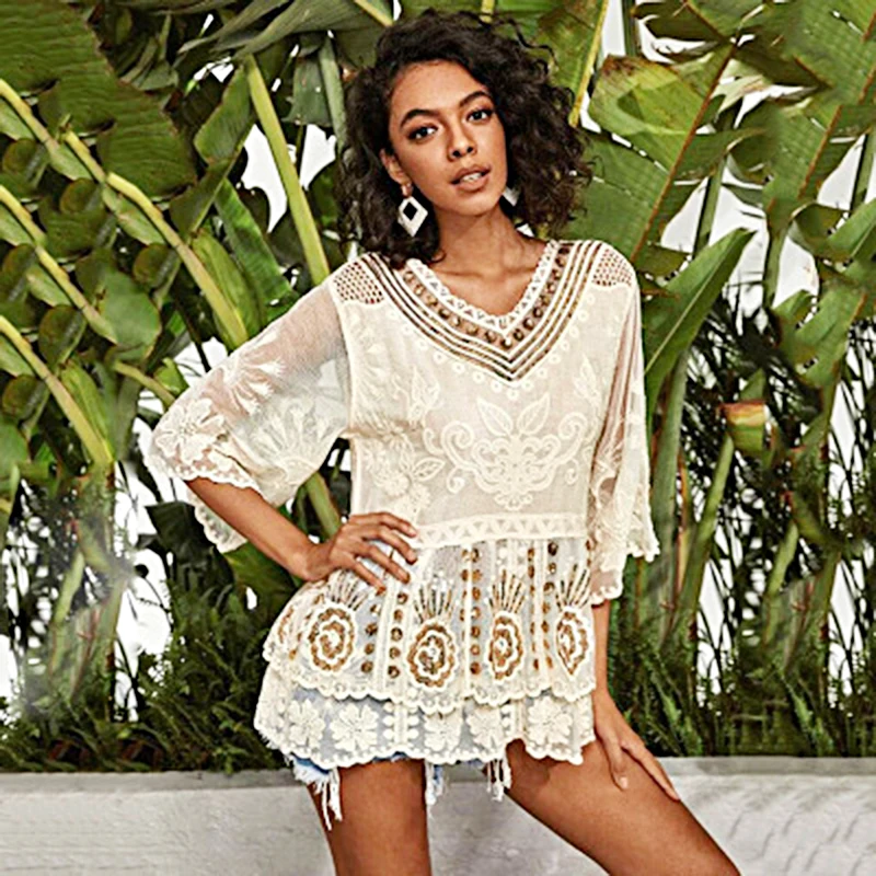 

Cute Gold Sequins Lace V Neck Ruffle Edge Embroidered Short Beach Cover Up Dress, White