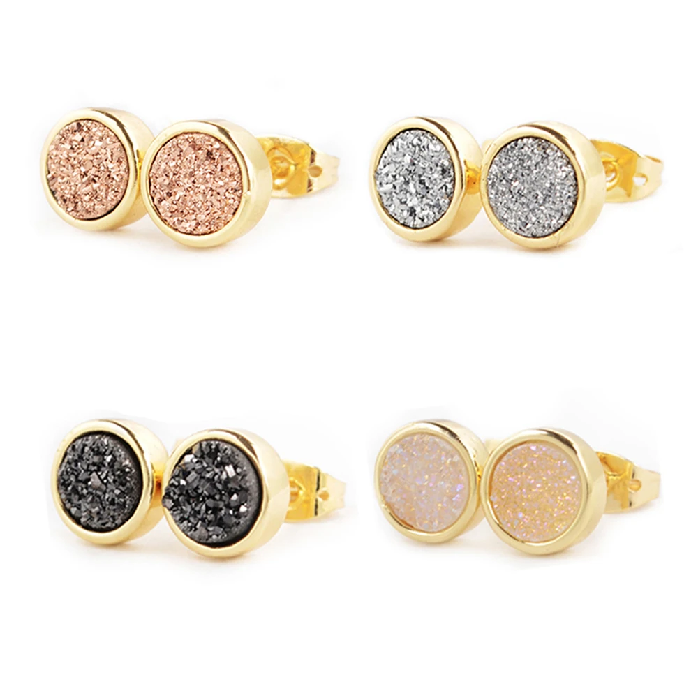 Wholesale Natural agate  drusy Round Stud earring Jewelry gold plated druzy earrings