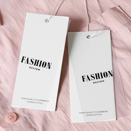 

High-end Custom-made Hangtags For Clothing Own Logo Embossed Gold With Clear PVC Bags Fashionable Jeans Hang Tag, White, black, blue, red or custom color