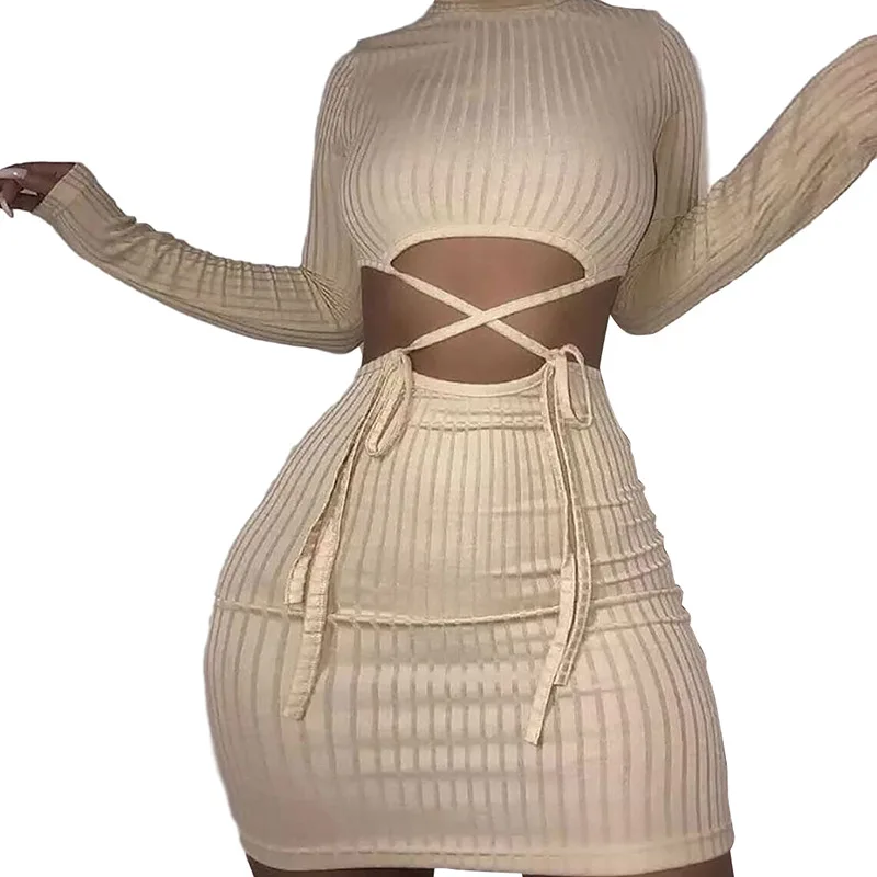 

Autumn New Arrival Bandage Sling Full Sleeve Dress Hollow Out Sexy Ribbed Bodycon Elastic Hight Casual Turtleneck Streetwear