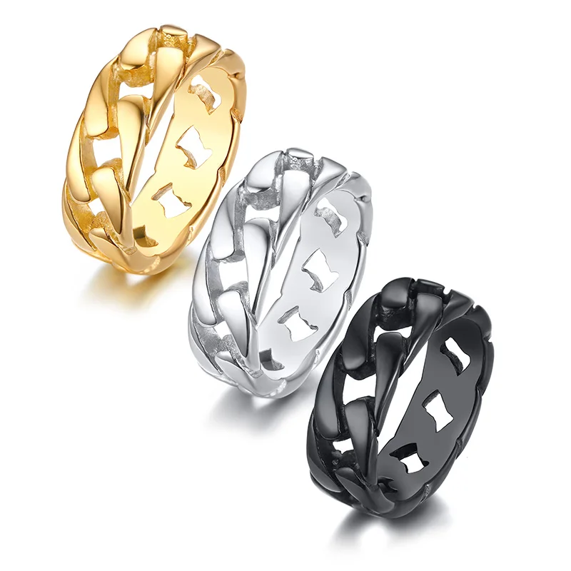

New Trendy Gold Ring Men Women's 18K Gold Plated Stainless Steel Cuban Link Chain Rings, Silver,gold,black