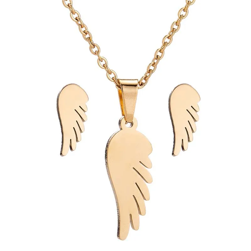 

Hot Sale Gold Silver Jewelry Women Girls Charm Wing Pendant Stainless Steel Earring Stud Necklace Set For Ladies, Silver & gold color