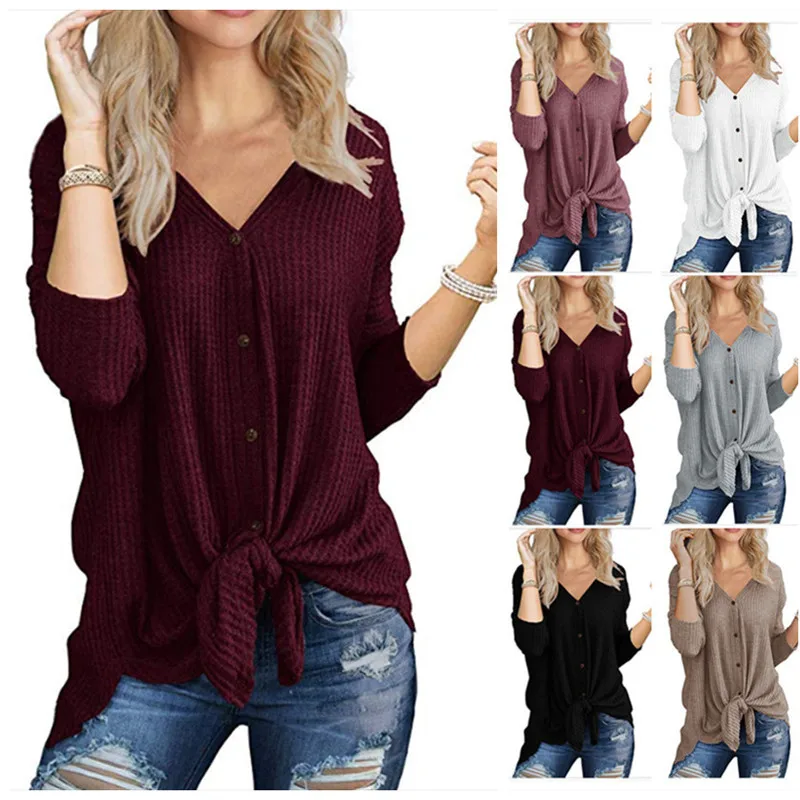

Womens Waffle Knit Tunic Blouse Tie Knot casual Tops Loose Fitting Bat Wing Plain Shirts, Picture