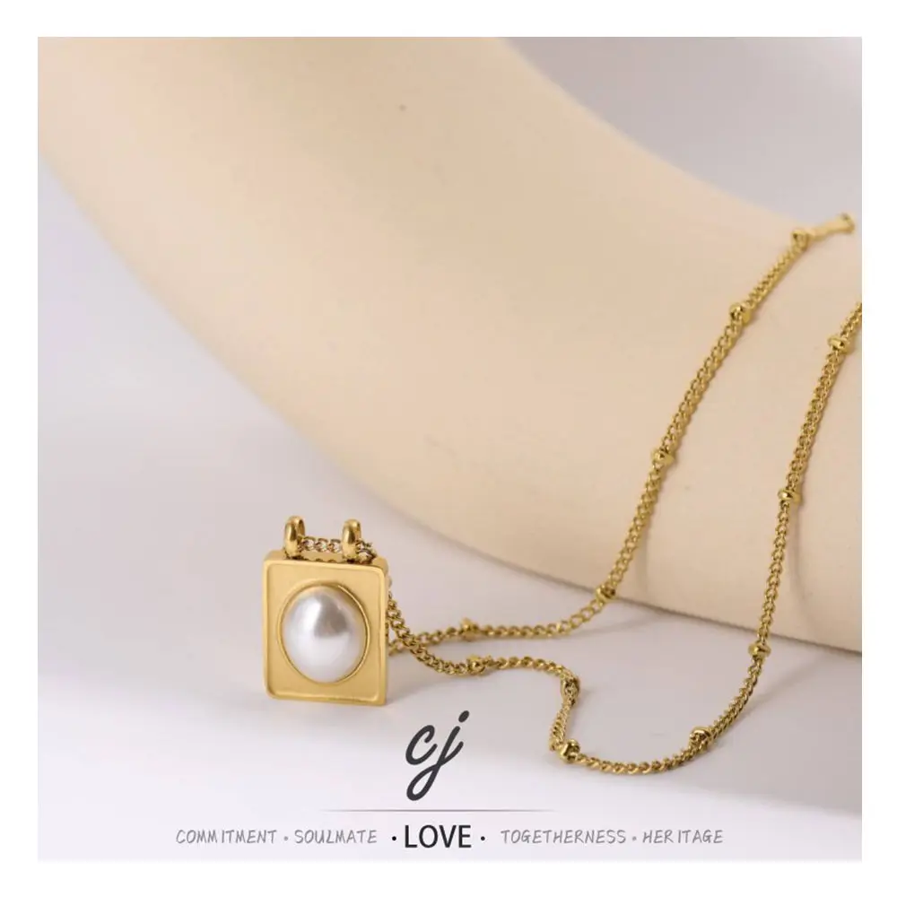 Carline Trendy Stainless Steel 18k Gold Plated Link Chain Pearl Beaded Pendant Necklace for Women Certified Wedding Jewelry Gift
