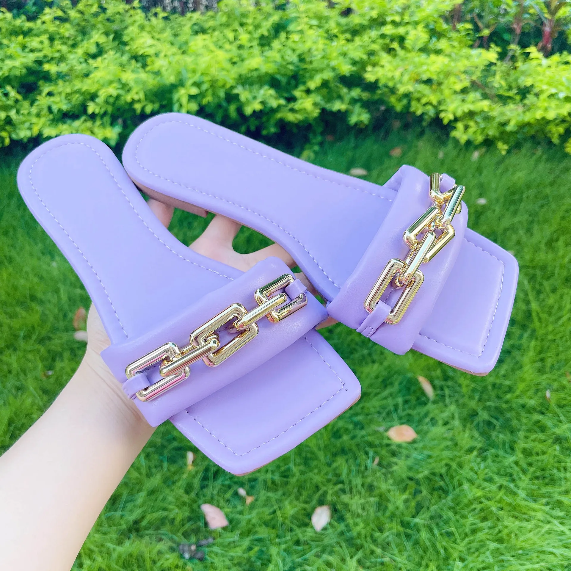 

Outer wear square peep toe women slippers metallic chain decor lady flats mules new summer casual female slides sandals