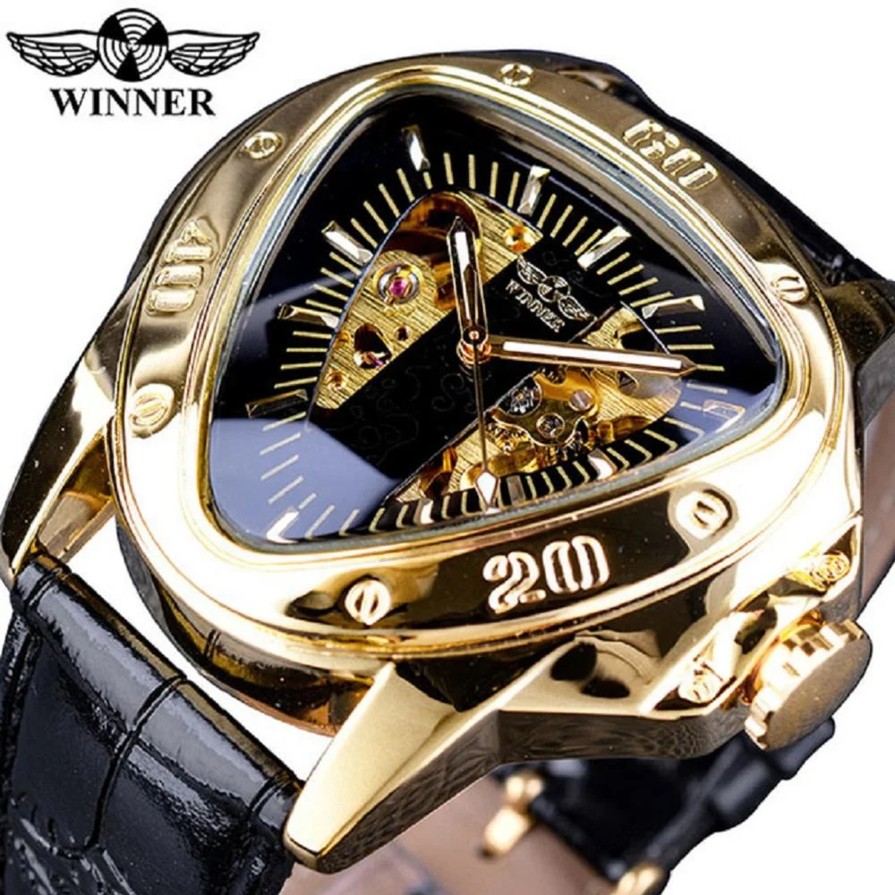 

Winner Watch Men Fashion Steampunk Triangle Golden Skeleton Movement Automatic Mechanical Top Brand Luxury Wrist Watches, 15-colors