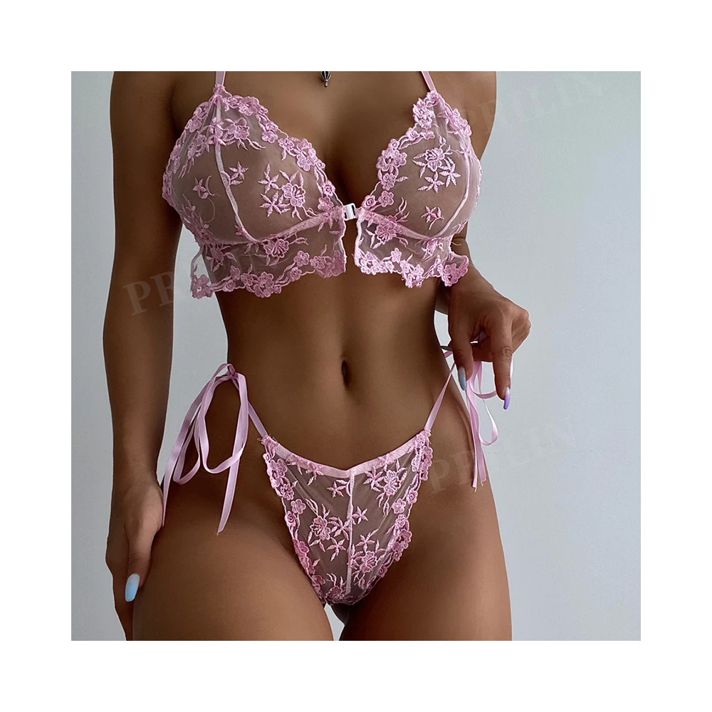 

Hot Sexy Nightdress women sexy lingerie Pink Embroider Transparent Lace Prints Sexy Lingerie Sets