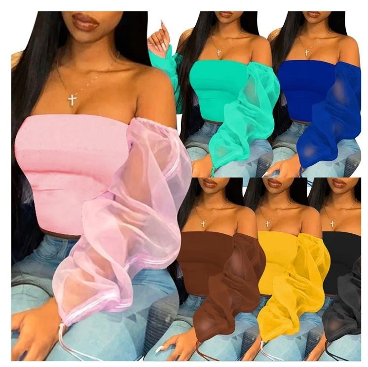 

newest fashion 2 colors cute off shoulder lantern sleeve mesh patchwork woman casual T shirt