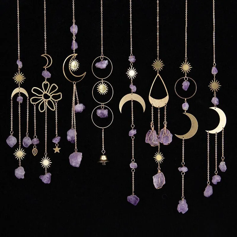 

Natural crystal original amethyst flower wind chimes brass hanging suncatcher for home decor