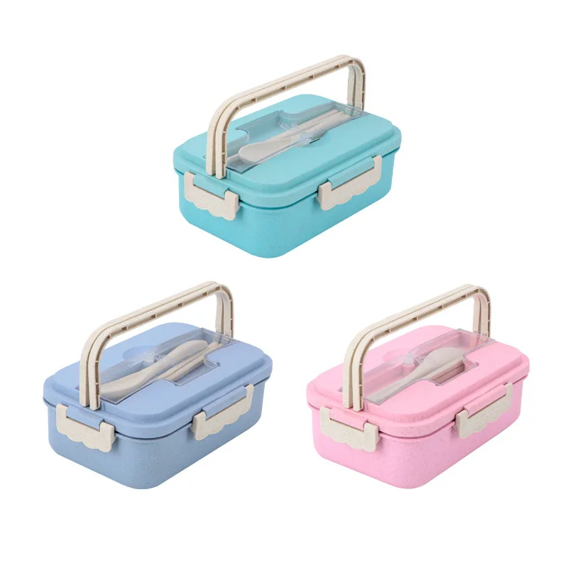 

Wheat Fiber Straw Leakproof Food Storage Container Bento Lunch Box With Handle, Pink/blue/green/beige