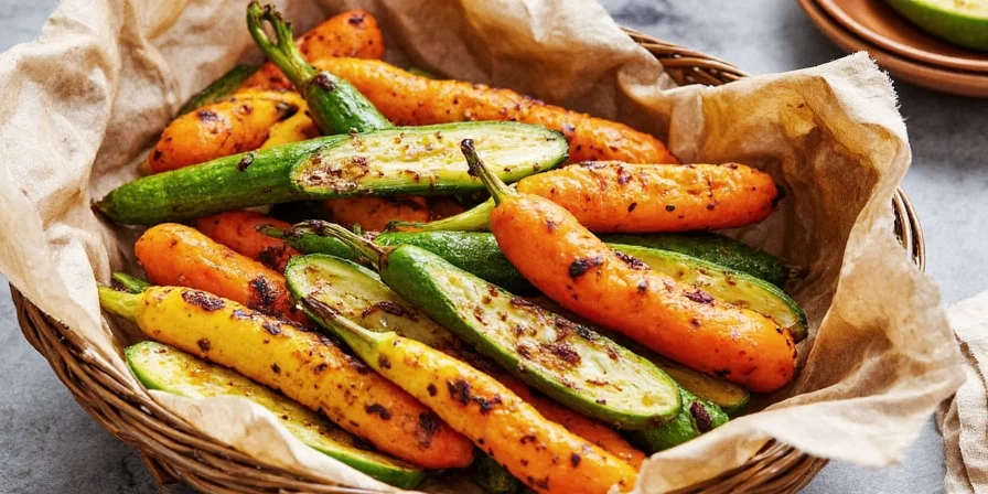 Outdoor shot of someone grilling vegetables in a basket on a charcoal grill