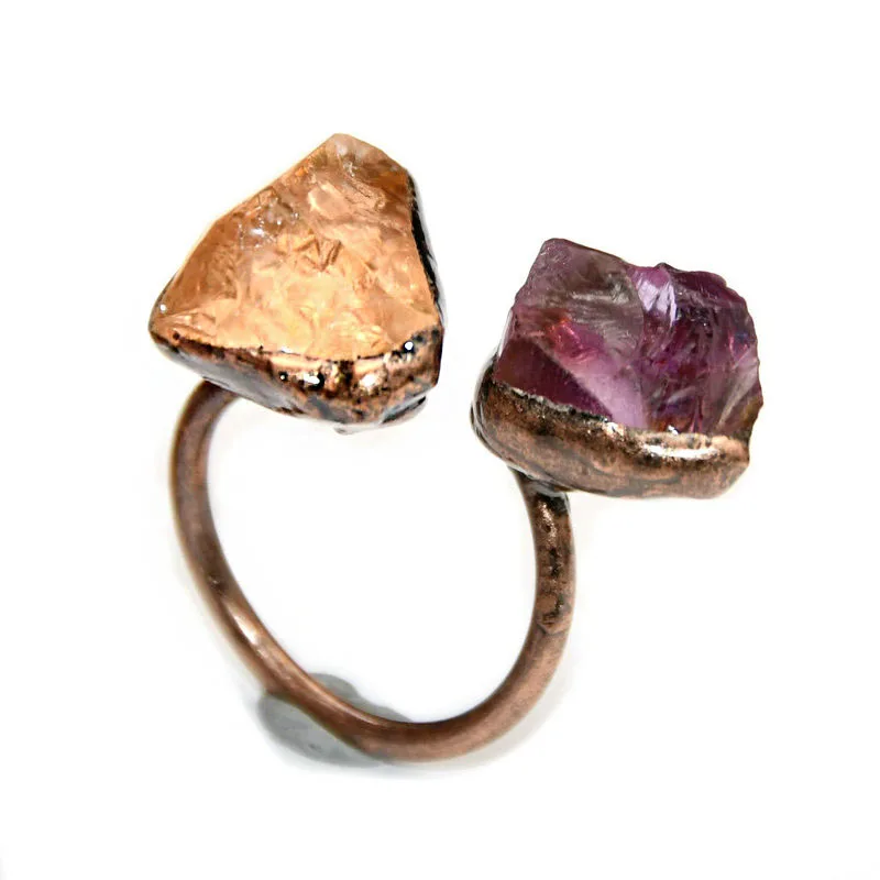 

New Bronze Color Women Rings Double Natural Fluorite Stone Combination Stone  Rings Fit For Gift Jewelry, Bronze , green , purple , yellow , white