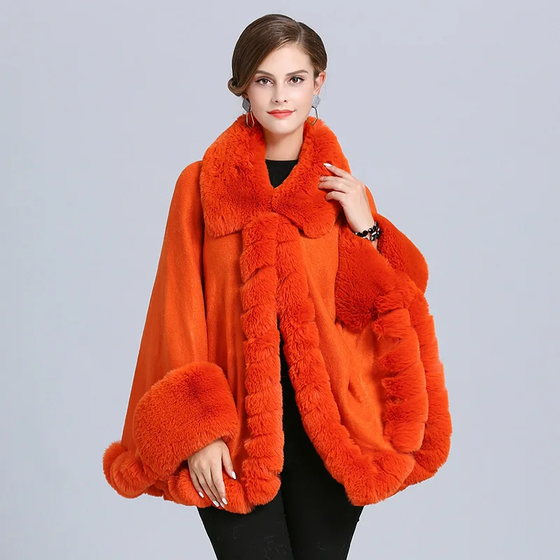 

Autumn/Winter wholesale faux fox fur collar plus size knitted loose coat Poncho for women