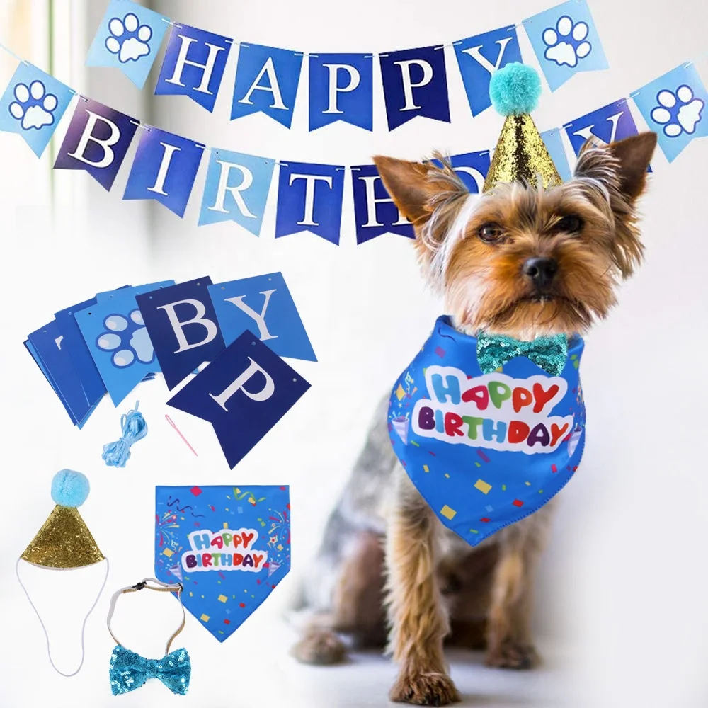 

Custom dog party supplies Decor Set Handmade Adjustable Cat Dog Scarf Hat Collar Banner Pet Birthday Party Accessories, Blue/pink