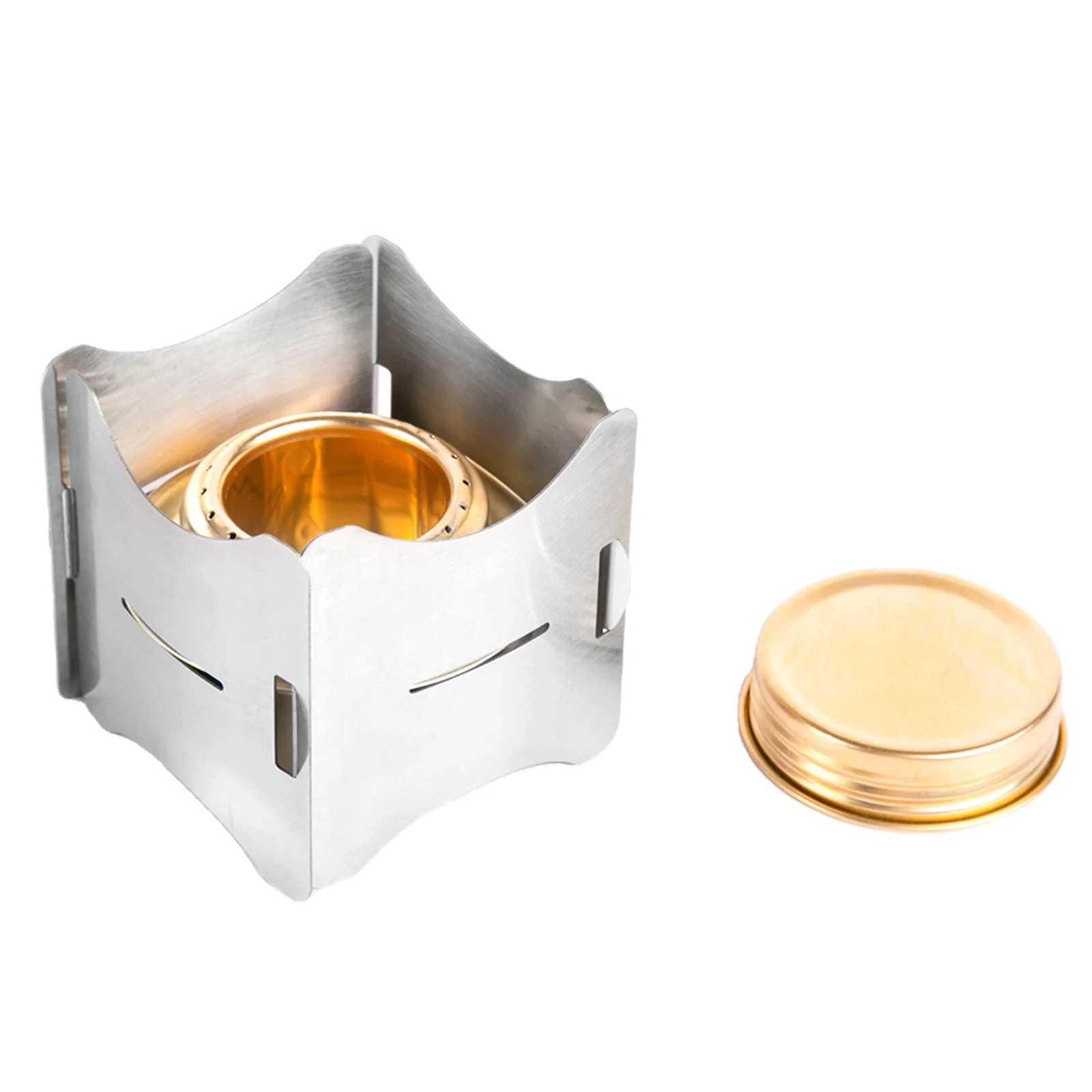 

Portable Folding Stainless Steel Pot Stand with Tray Solid Fuel Stove Stand with Copper Alloy Alcohol Stove Camping Equipment