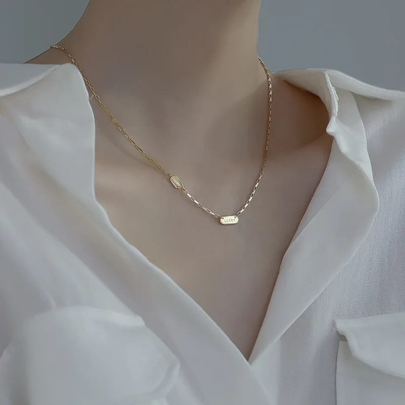 

Minimalist 925 Sterling Silver Link Chain Choker Necklace Gold Plated S925 LUCKY Letter Pendant Necklace