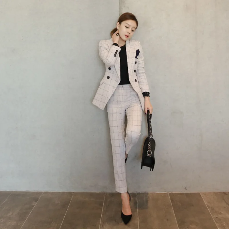 

2020 INS Amazon Hot Sale Office Lady Suit Cotton Plaid Women Coat Pants 2pcs Set Spring Autumn Female Business Suit, Beige,navy