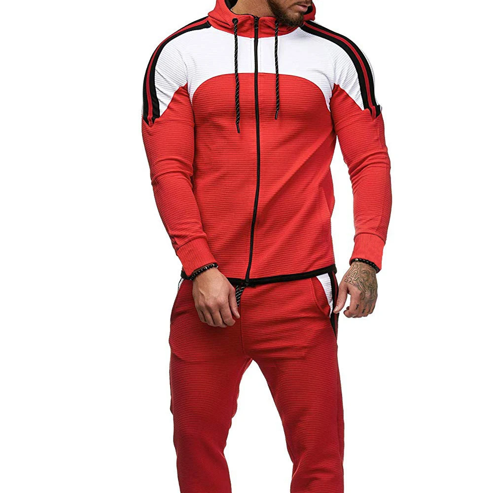 

Trendy hooded color matching running sports 2 piece jogging suit sweatsuits for men custom