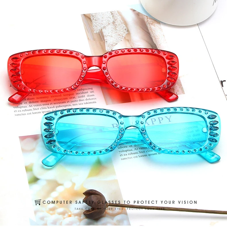 

Wholesale fashion plastic small sun glasses custom logo square frame diamond sunglasses women