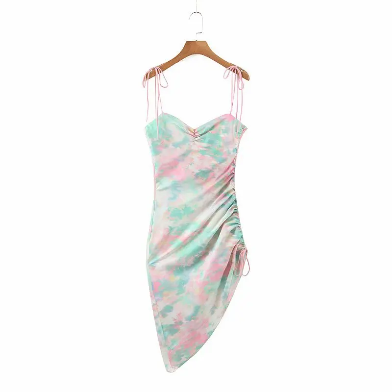 

2020 new arrivals summer collection tie dye spaghetti strap women fashion chiffon ruched casual dresses