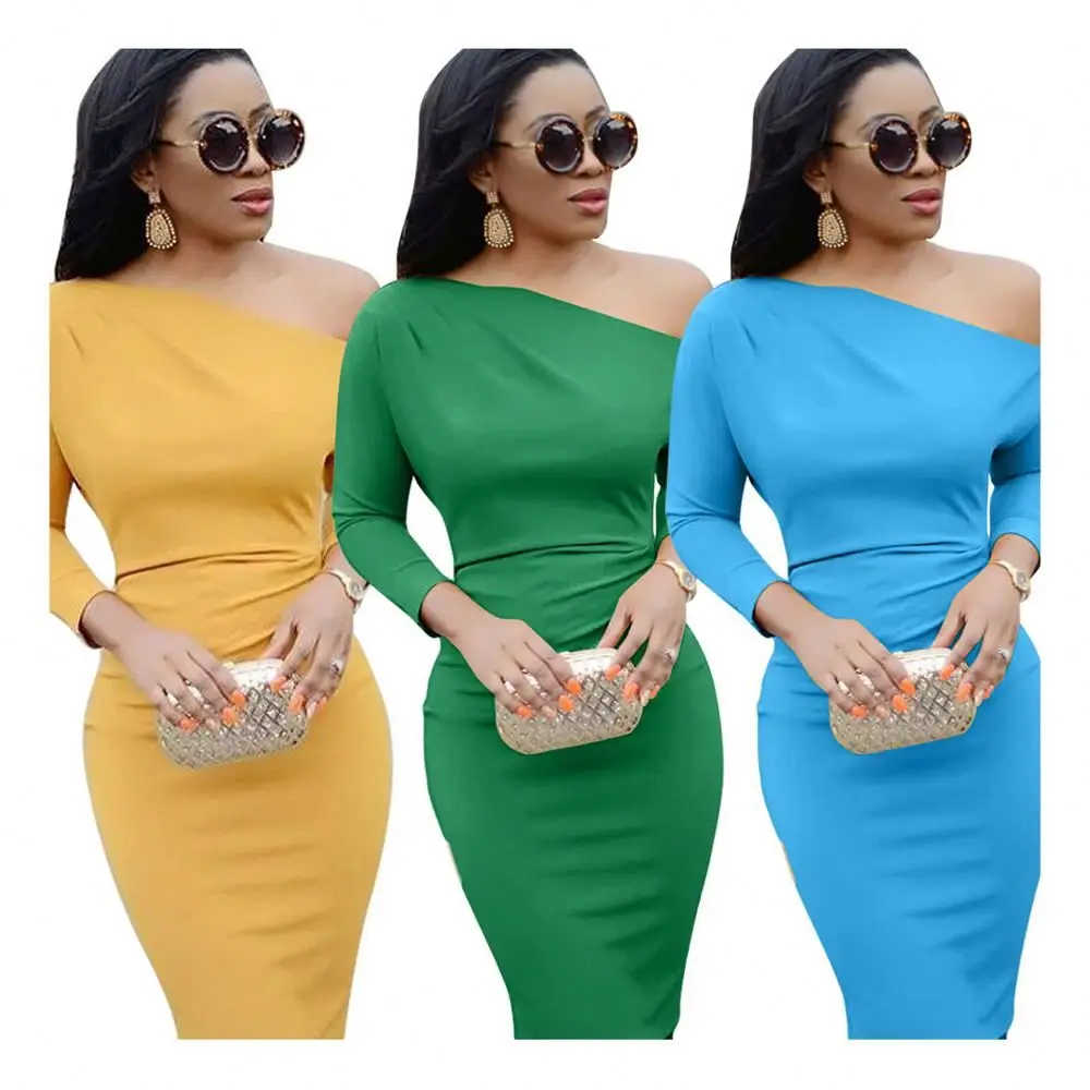

latest design elegant style asymmetrical long sleeves lady wear office dress, Yellow, green, blue