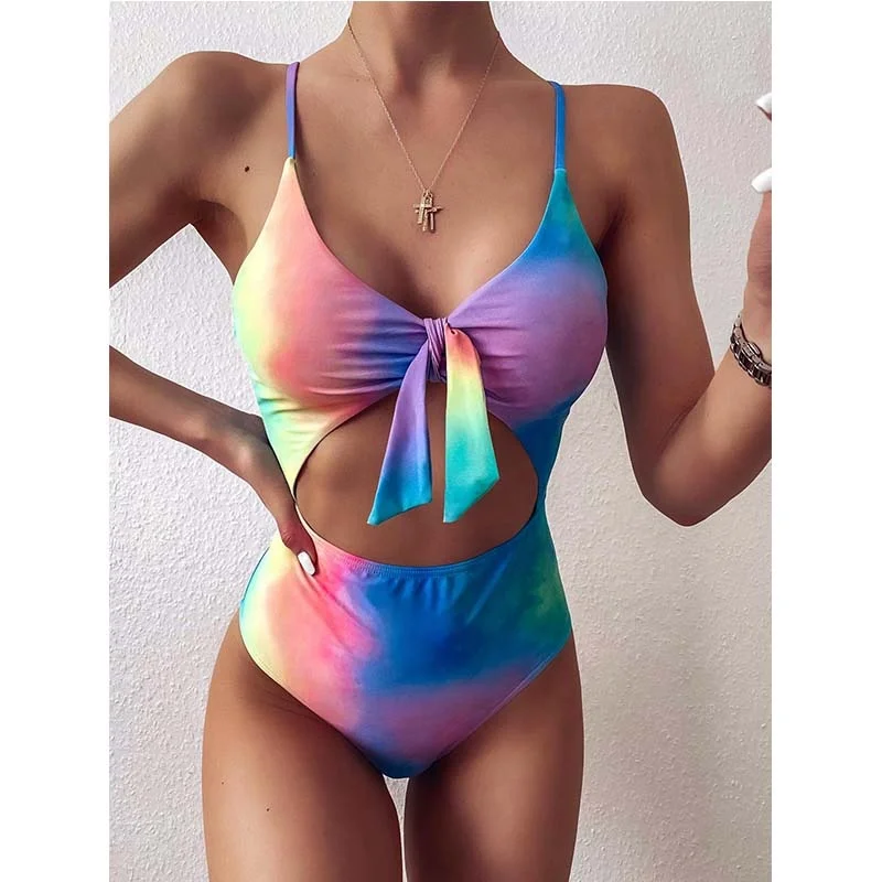 

FFX77 Online Swimsuits Tie Dye Thong Swimwear For Ladies One Piece Maillot De Bain 1 Piece Core Out One Piece Bathing Suit, Accept customization