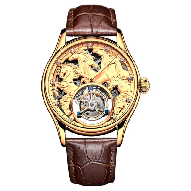 

Original Mens 24K Champagne Gold Zodiac Horse Skeleton Tourbillion Mechanical Watch Private Label with Calfskin Leather Band