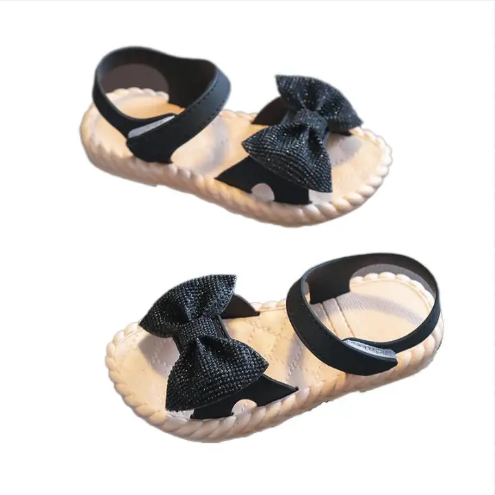 

2021 new summer girls sandals bow soft bottom large medium and small children princess open toe baby beach shoes, Balck,pink,khaki