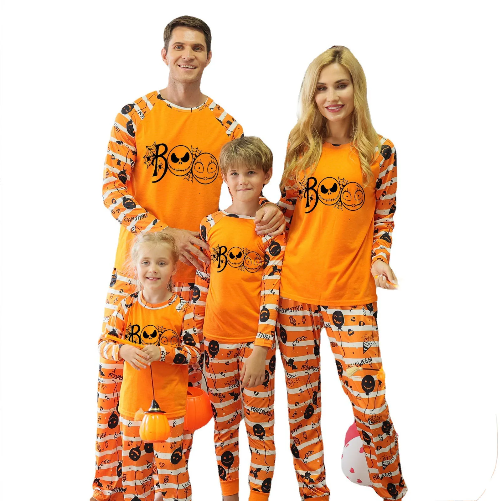 

2022 Cartoon Halloween Pumpkin Color Two Piece Set Soft Long Sleeve Pajamas Family Pjs For Couples