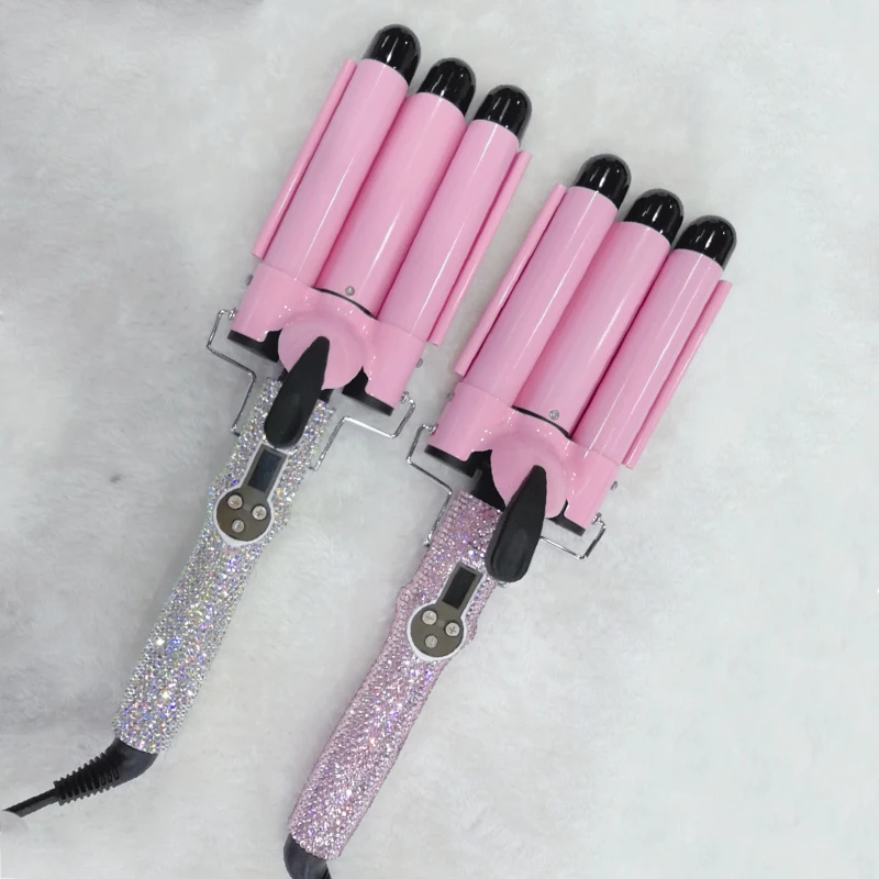 

Professional hot hair tools curling iron luxury bling rhinestone hair crimps, Pink