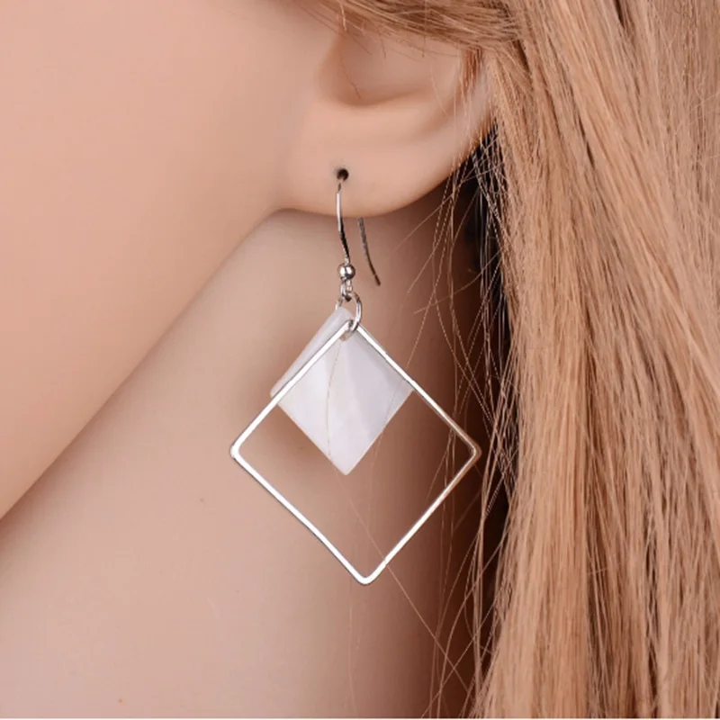 

New Minimalist Brief Cool Style Silver Plated Alloy Square White Shell Dangle Fashion Earrings For Women