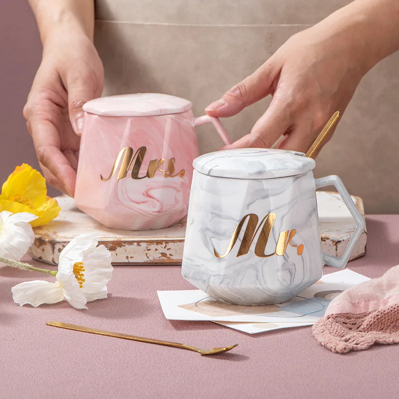 

Wholesale Custom printed porcelain cup grey pink wedding gift mug marble ceramic mr mrs couple coffee mugs with custom logo