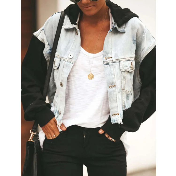 

Ladies Denim Jacket Long Sleeve Ripped Fringe Stitching Denim Jacket, Customized color