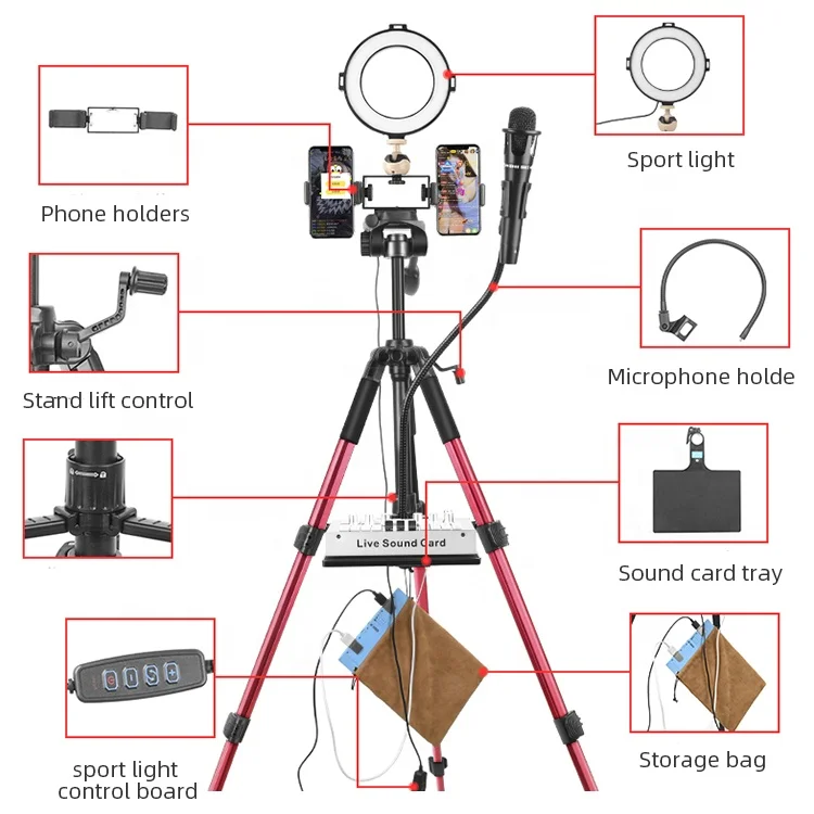 

MAONO Professional Tripod Set With Led Ring Light Fill Light Phone Holder Sound Card Tray Llive Podcast Tripod Kit