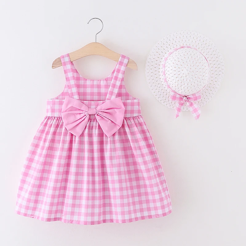 

Hot Selling Baby Girls Clothes Toddlers Kids Sleeveless Summer Holiday Dress Plaid Pattern Cloth With Straw Hat, Pink/blue/yellow