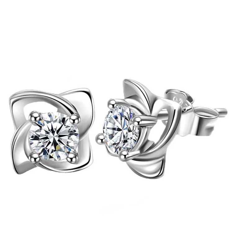 2019 Lovely Girls Jewelry Ear Rings 925 Silver Four Leaf Clover Zircon Cute Stud Earrings for Women