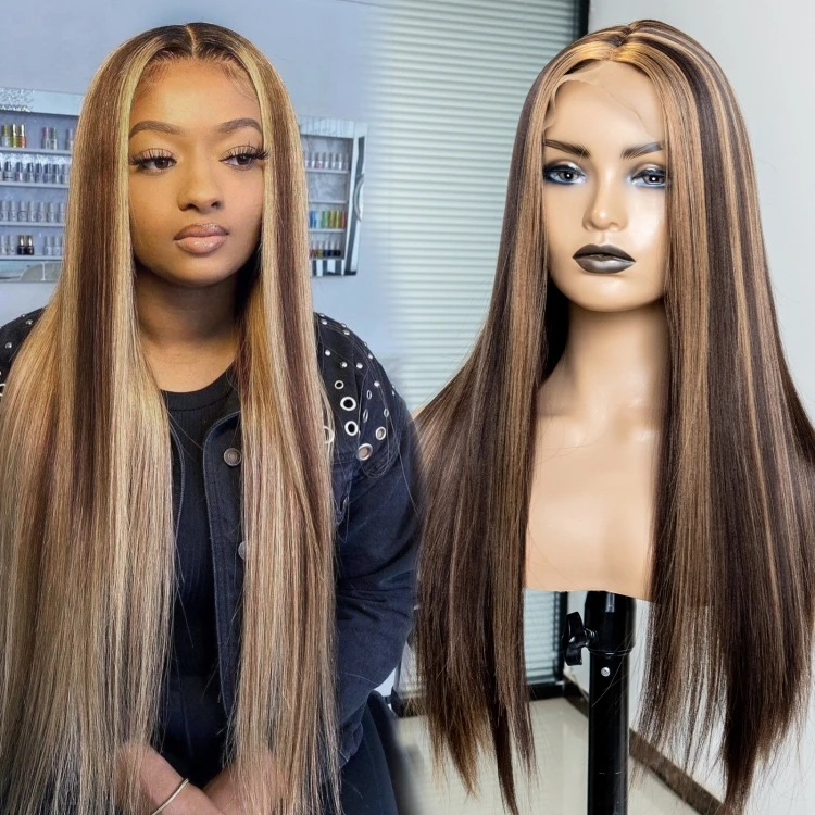 

straight bob long high quality high fiber highlight honey brown color synthtic human hair lace front wigs for black women, Pic showed