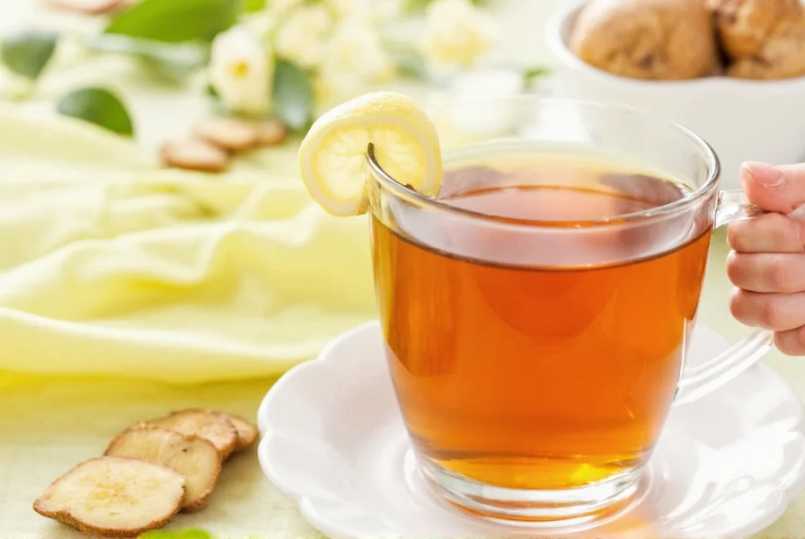 Fresh ginger root slices steeping in hot water with lemon slices, natural pregnancy-safe beverage