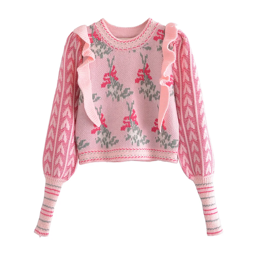 

Crew neck pink color lantern sleeve cute design women fall cropped knitted sweater, As photo